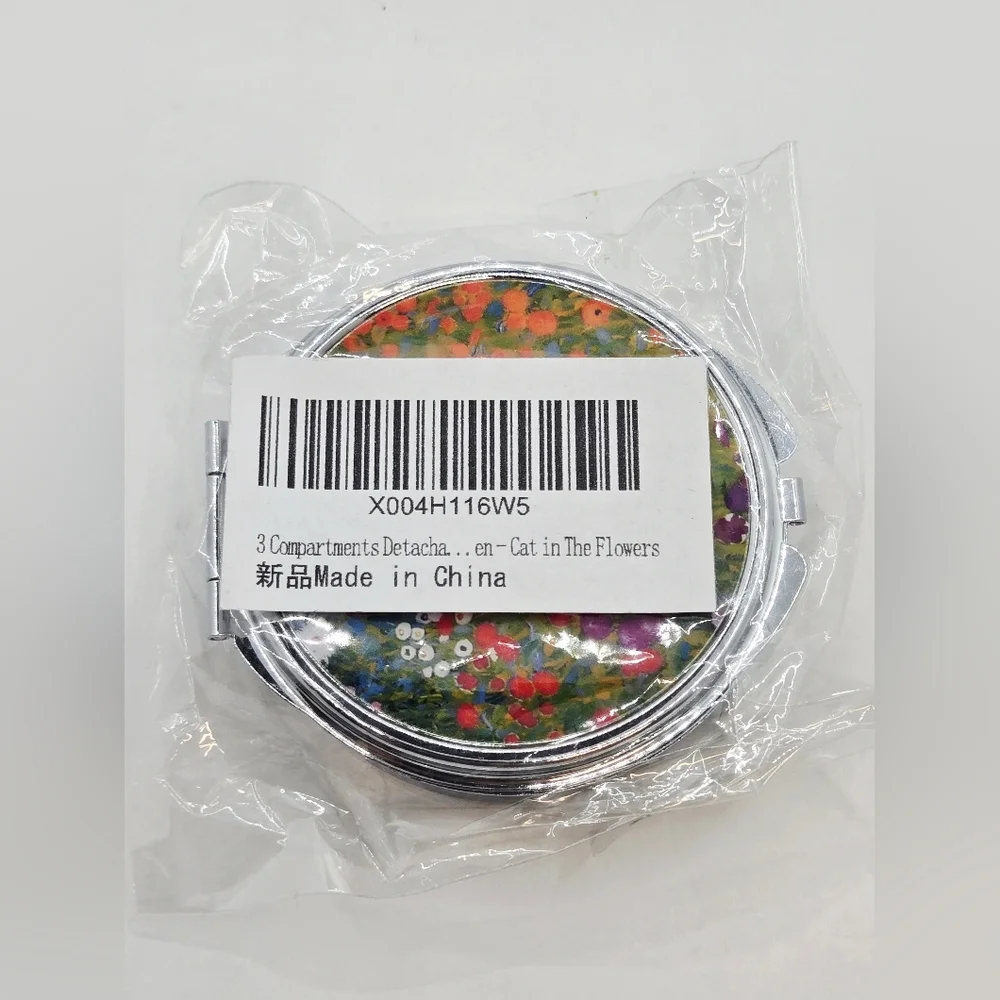 Colorful Floral Black Cat 3 Compartment Travel Pill Organizer Compact